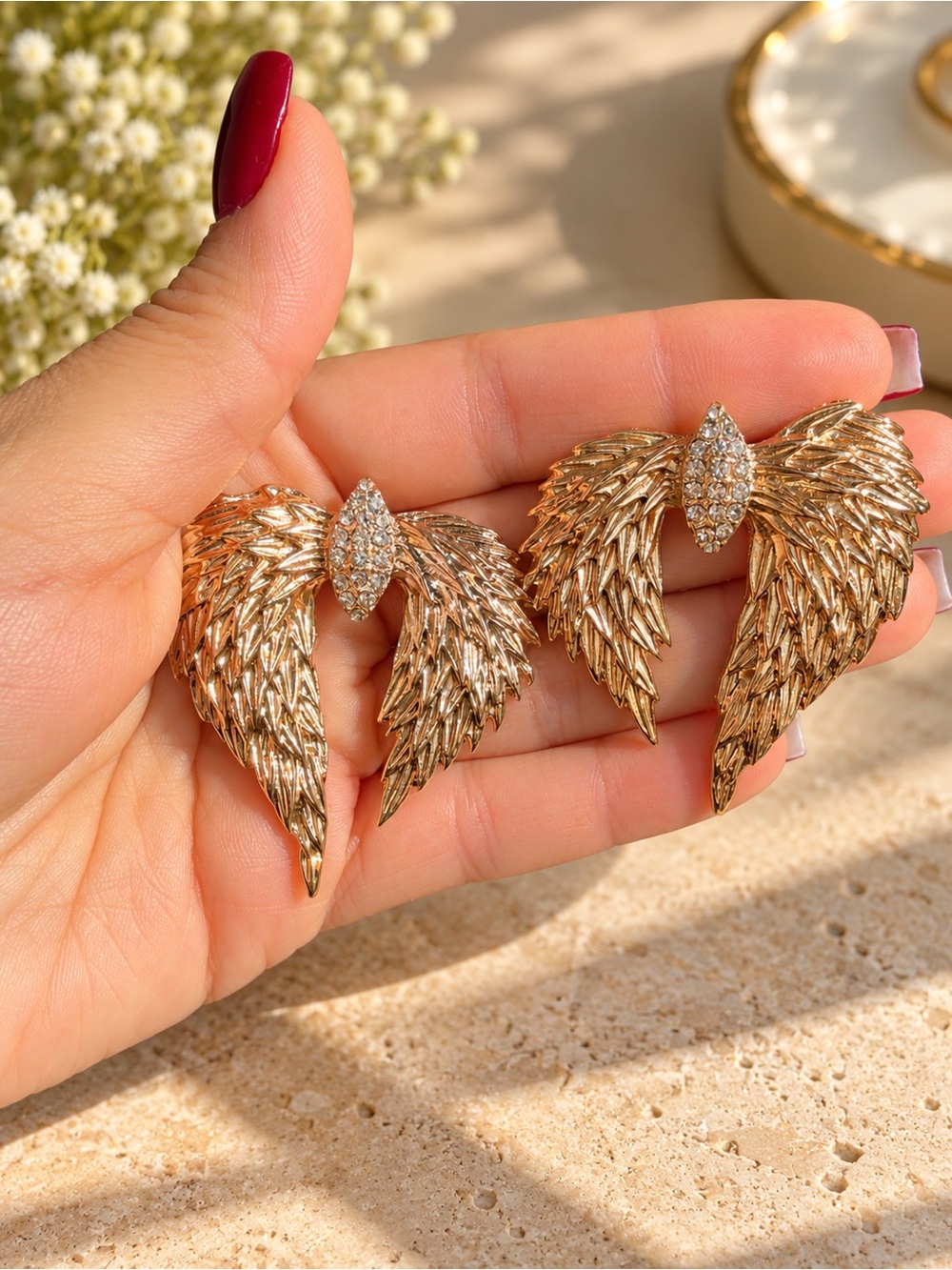 Gold Angel Wing Crystal Cluster Statement Earrings